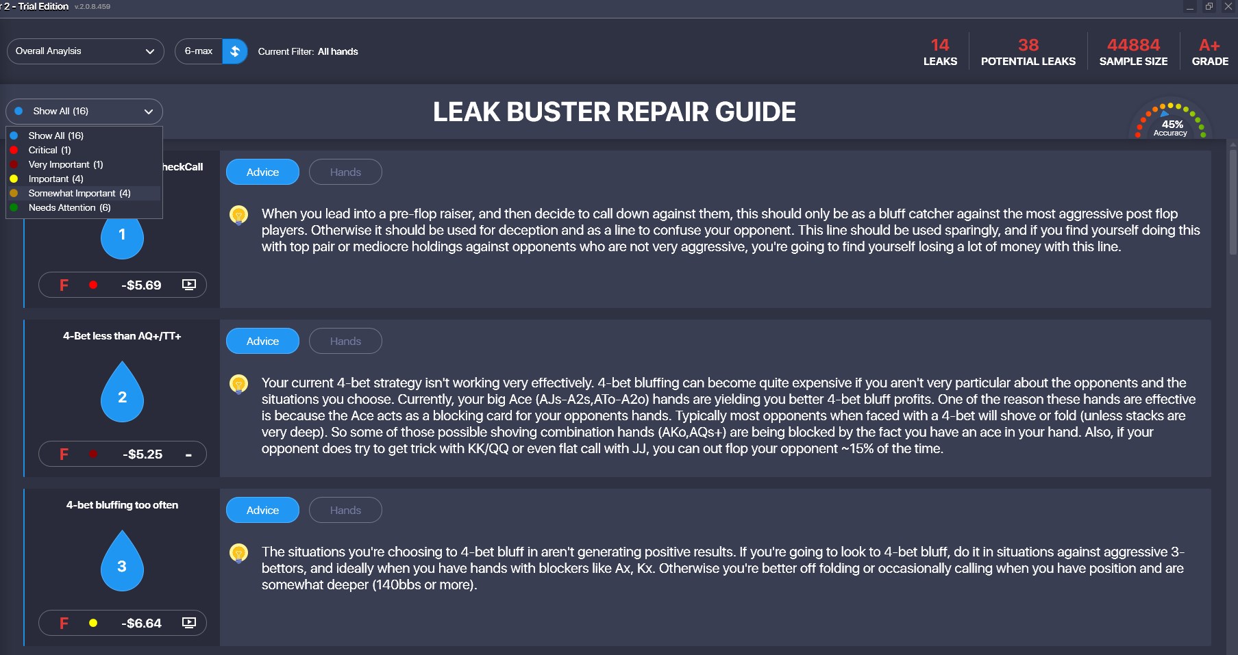 результаты анализа вашей истории рук в Leak Buster 2