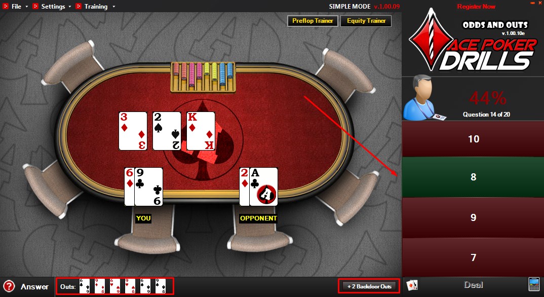 Ace Poker DrIlls ставит задачи с аутами и дает на них ответы, понятные игроку в покер. 